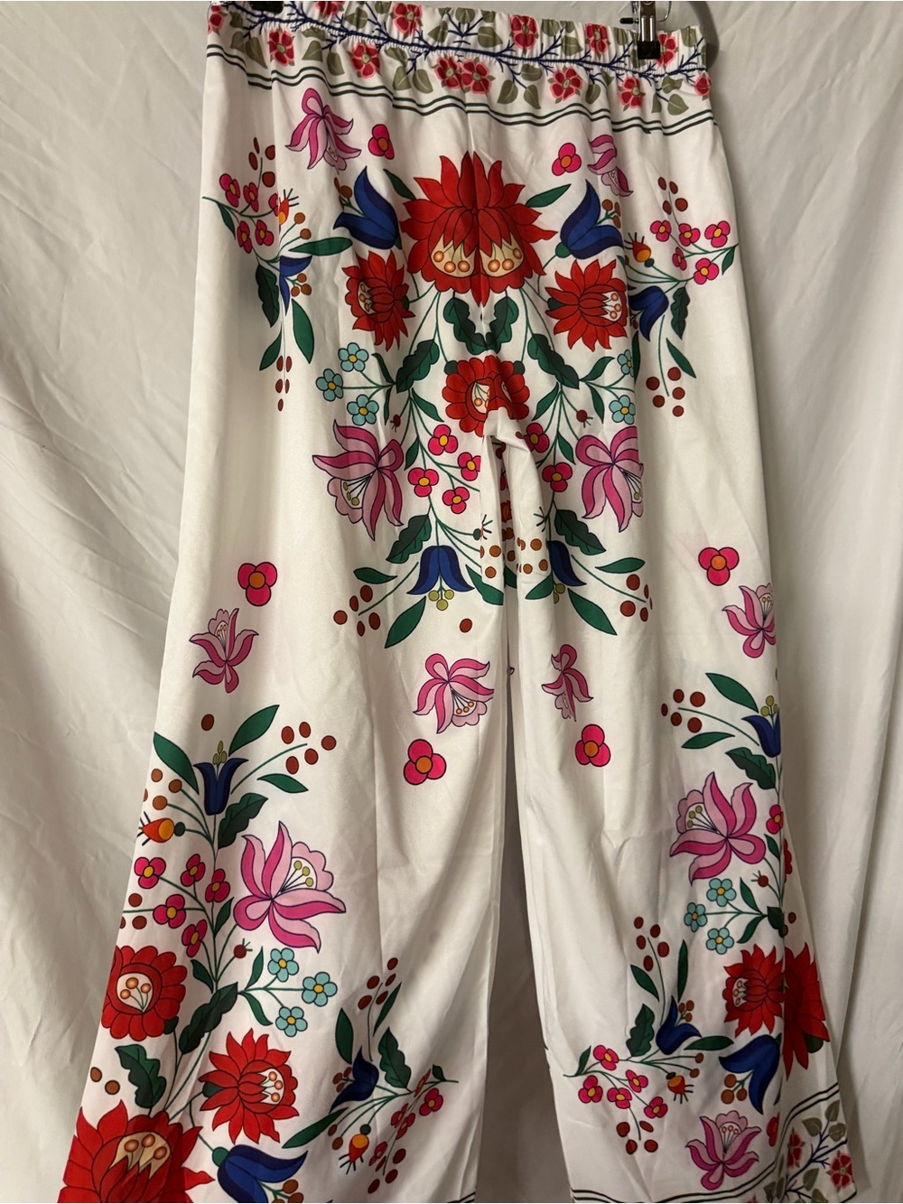 White Floral Wide-Leg Pants with Bright Multicolor Print